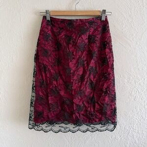 90s Vintage Le Château Burgundy & Black Lace Overlay Midi Skirt Size 3